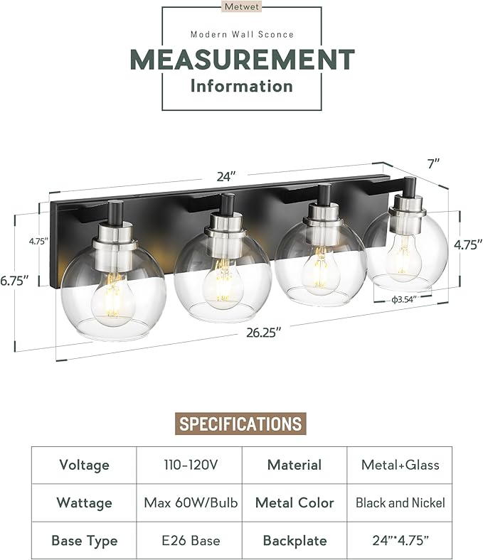 METWET Bathroom Light Fixtures, 4-Light Black and Brushed Nickel Bathroom Vanity Light, 26 Inch Modern Wall Sconces with Globe Clear Glass Shade, Vanity Lighting Fixtures Over Mirror, VL195-KN-4