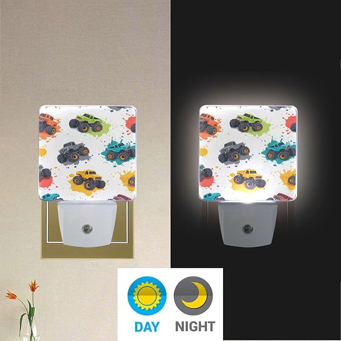 Pigsaly Led Night Light Fiery Paint Splashes Colorful Monster Trucks Night Light Plug in Wall Lamp Smart Dusk to Dawn Sensor Nightlight Led Lamp Energy Saving Lights Gift for Kids Room Bedroom Bathro