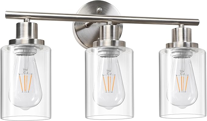 Unicozin 3 Light Vanity Lights, Brushed Nickel Wall Sconce Light with Clear Glass, Bathroom Light Fixtures, Wall Lights for Mirror, Living Room, Bedroom, Hallway, E26 Base (Bulbs Not Included)