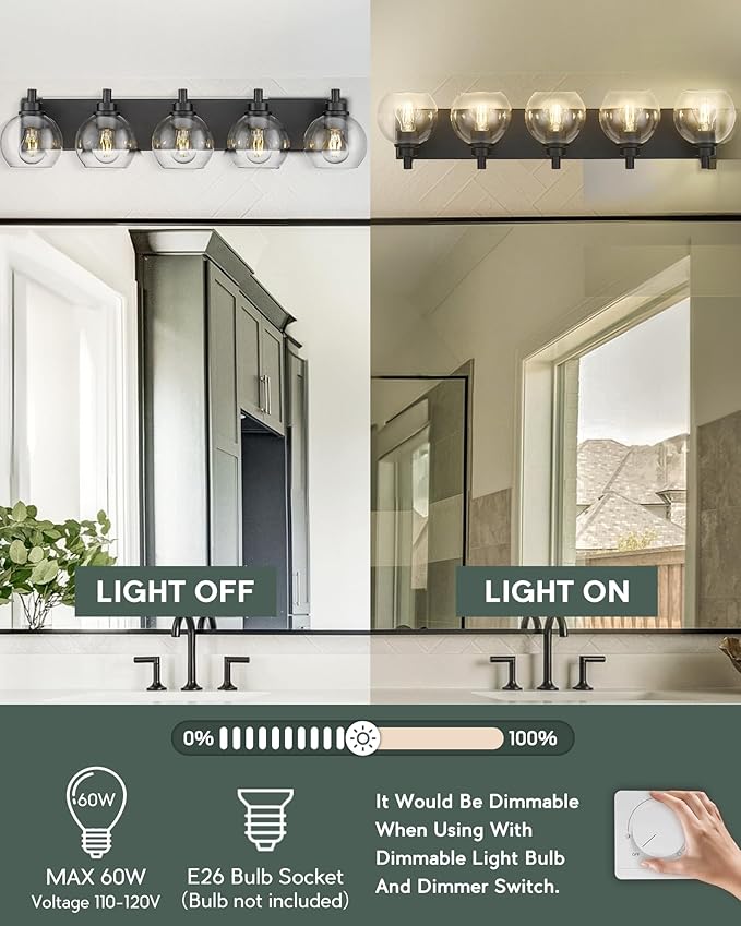 METWET Bathroom Light Fixtures, 5 Light Matte Black Vanity Light, 32 Inch Modern Wall Sconces with Globe Clear Glass Shade, Vanity Lighting Fixtures Over Mirror, VL195-MB-CL-5