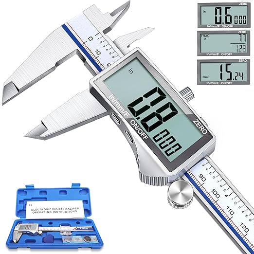 Kynup Digital Caliper Measuring Tool, Vernier Dial Caliper Digital Outside Micrometer, 6 Inch Caliper DIY Tool, Stainless Steel, Large Screen, Splash Proof, Inch Metric Fraction Switch