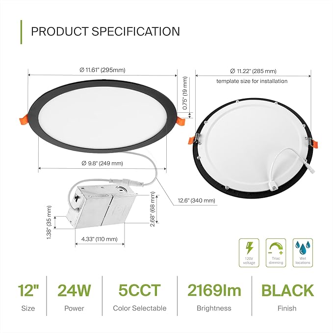 ASD 1 Pack 11/12 Inch LED Recessed Lighting 24W, 5 CCT 2700K-5000K CRI90+, IC Rated Ultra Thin Dimmable Ceiling Lights with J Box, Canless Wafer Downlight, Round Slim Panel Light, UL Listed, Black
