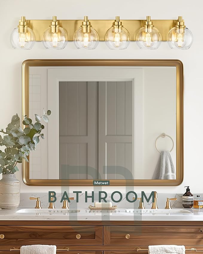 METWET Bathroom Light Fixtures, 6 Light Brushed Gold Vanity Light, 38 Inch Modern Wall Sconces with Globe Clear Glass Shade, Vanity Lighting Fixtures Over Mirror, VL195-BG-6