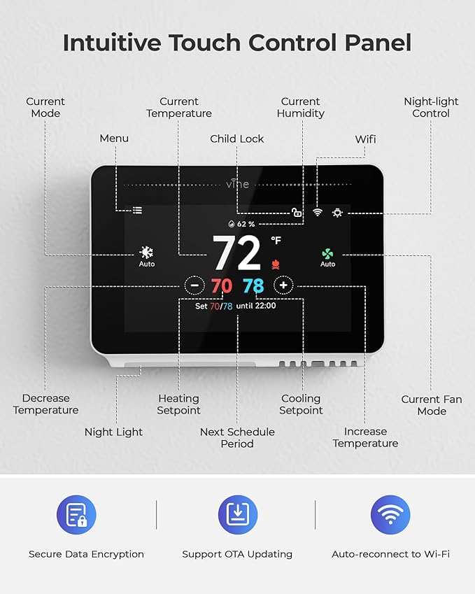 Vine Smart Thermostat for House with Nightlight, 4.3 Inches WiFi Thermostats for Home Compatible with Alexa and Google Assistant, 7day x 8period Programmable, C-Wire Required