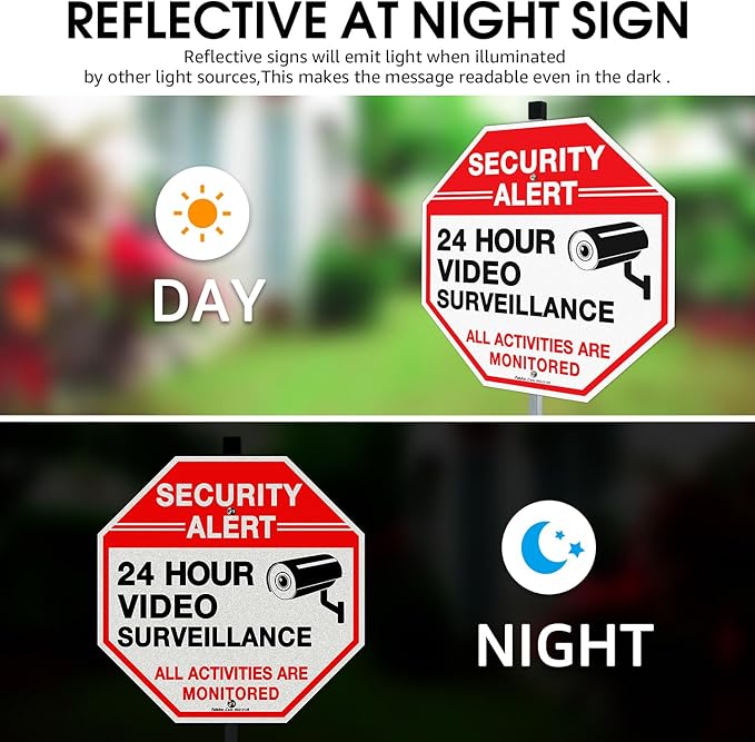 Faittoo Security Sign Video Surveillance Sign with 36" Stake for Outside, 2-Pack 12"x12" Rust Free Heavy Aluminum, Reflective, Fade Resistant, 2 pre-drilled holes, Includes Matching Screws & Wrench,