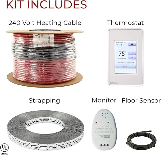 LuxHeat 100sqft Floor Heating Cable Kit - 240v Electric In Floor Heating Kit - Heated Flooring System Includes UDG4 Programmable Thermostat w/GFCI, Heater Cable, Strapping, Flooring Sensor & Alarm