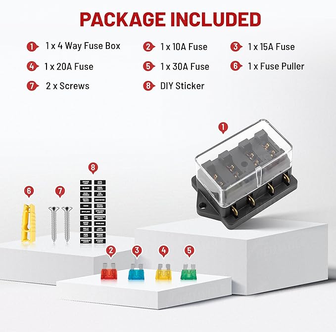 RED WOLF 4 Way Blade Fuse Block Box Holder w/Standard Circuit 10V-32V DC for Automotive Truck Boat Marine RV Van Vehicle Power Distribution Panel Damp-Proof Cover