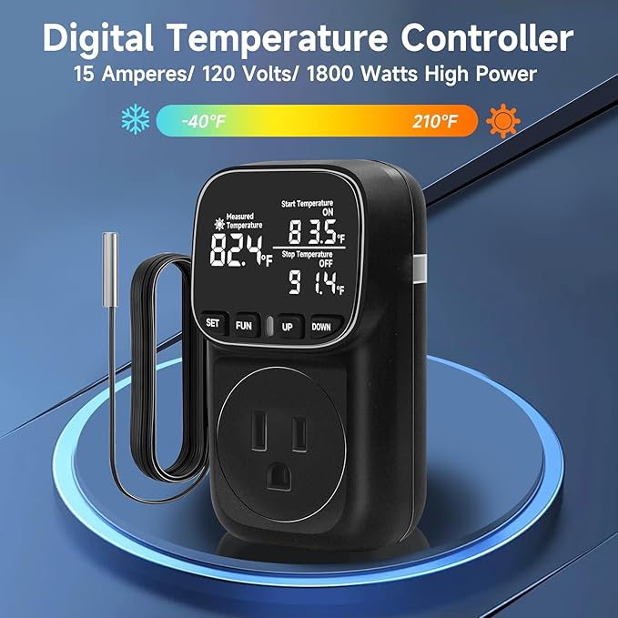 COMYAN Temperature Controlled Outlet , 15A/1800W Digital Thermostat Outlet, Cyclic Timing/Countdown, -40℉~210℉ VA Display Heating Cooling Control Timer with 2Pcs Probe Cable for Reptile Incubator