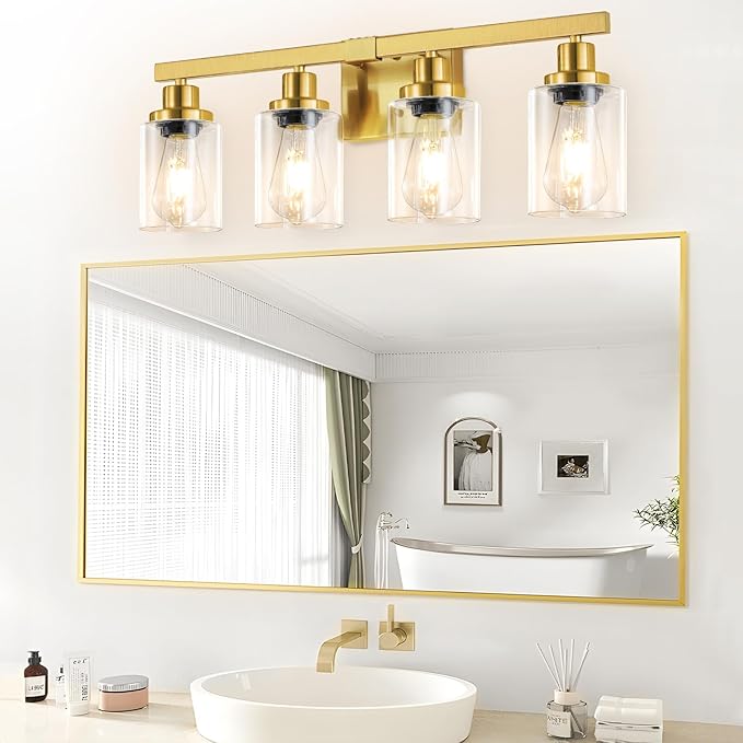 DIKAIDA Bathroom Vanity Light, 4-Light Modern Matte Gold Wall Sconce Lighting with Clear Glass Shade, Black Wall Lights,Bath Vintage Wall Mounted Lamps for Mirror Bedroom Living Room