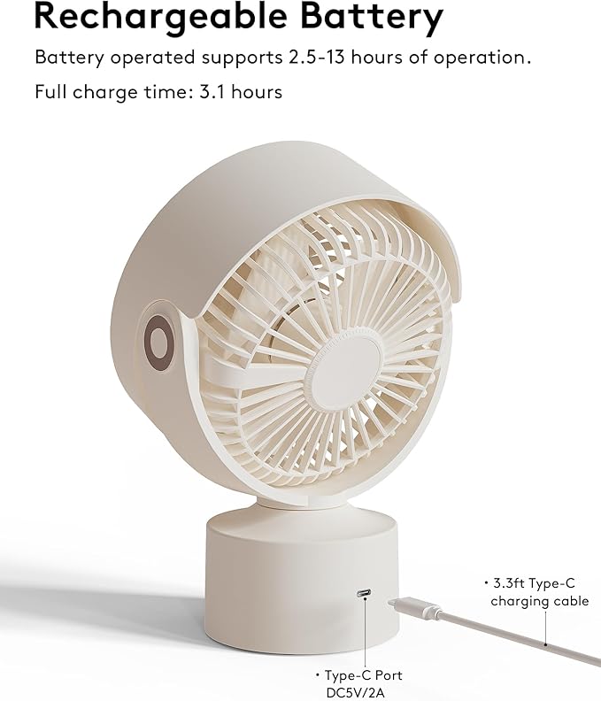 CARONSORT Desk Fan, Small Oscillating Fan for Bedroom, 9 Inch Table Fans Quiet,Desk Air Circulator Fan with 3 Speeds, 4H Time, Rechargeable Fan for Office/Dorm/Room-Beige