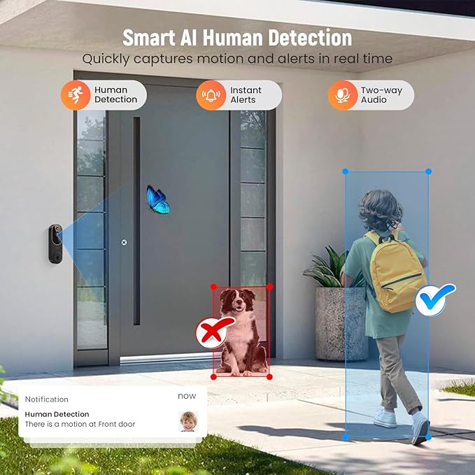 GridTera 1080p Wireless Video Doorbell Camera, AI Human Detection, Live View, Night Vision, Cloud Storage, 2.4G WiFi, Battery Powered, Indoor Outdoor Surveillance (Comes with Doorbell Receiver)