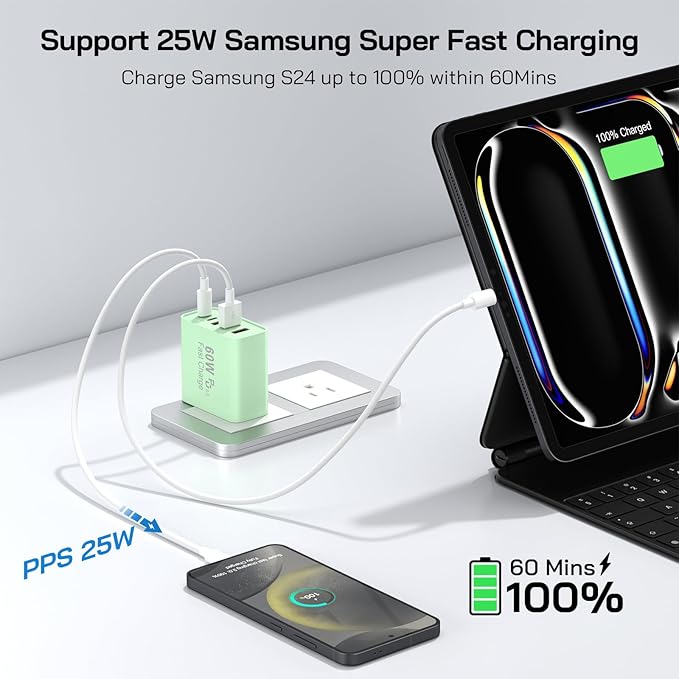2Pack USB C Fast Charger Block, Total 60W 5-Port USB C Wall Charger 30W Type C Charging Block, 2USB C+3USB A PD 3.0 Multiport Charging Cube for iPhone 17 16 15 14 Pro Max, G-alaxy S25 S24 Ultra, i Pad