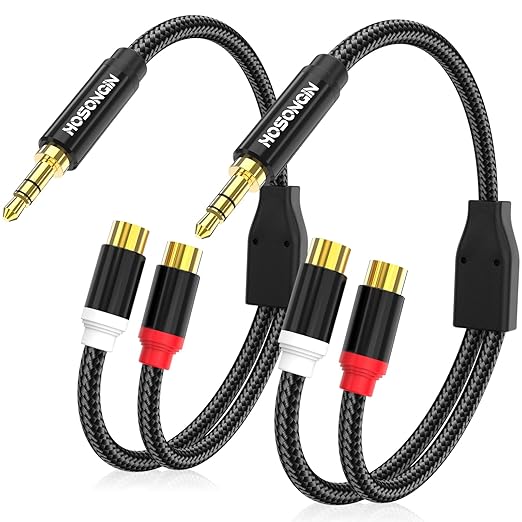 HOSONGIN RCA Female to 3.5mm Male Audio Cable (12 inch) 2 Pack, Gold-Plated Aux to 2RCA Female Adapter – Hi-Fi Stereo Y Splitter for iPhone, TV, Amp, Car, DJ Gear – Nylon Braided, Oxygen-Free Copper