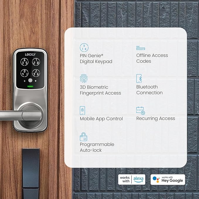Lockly Secure Plus Smart Lock Bluetooth, 3D Biometric Fingerprint Sensor Front Door Lock with Handle, Digital Keypad Keyless Entry Door Lock, Voice Control & Auto Lock - Latch Edition