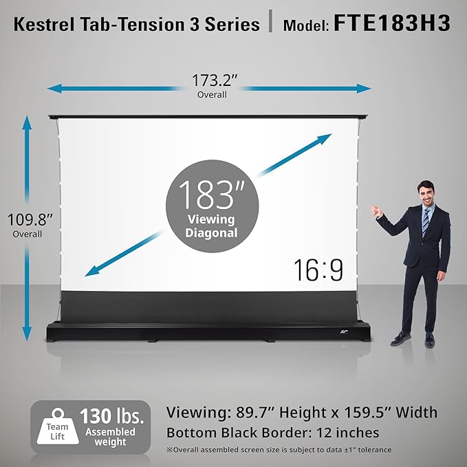 EliteProjector Screens Kestrel Tab-Tension 3 CineWhite, 183" Diag., 16:9 Aspect Ratio, ISF Certified 4K/8K Ultra HD Electric Floor-Rising Motorized Tab-Tensioned Front Projector Screen, FTE183H3