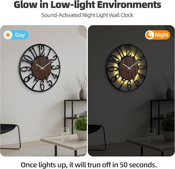 Casaformia 30'' Large Silent Wall Clock with Night Light, Glow in The Dark Decorative Wall Clock Battery Operated, Rustic Modern Metal & Wood Clocks for Bedroom Living Room Decor, Arabic Numerals