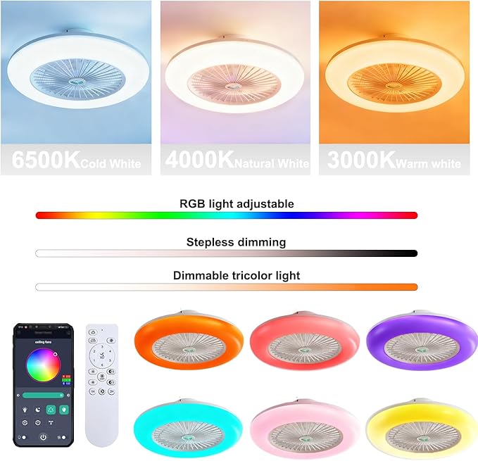 KJDOFN 24 inch Ceiling Fan with RGB Light Remote, Smart LED Ceiling Fans with Remote/App Control, Modern Low Profile Dimmable Light Ceiling Fan for Bedroom Living Room White
