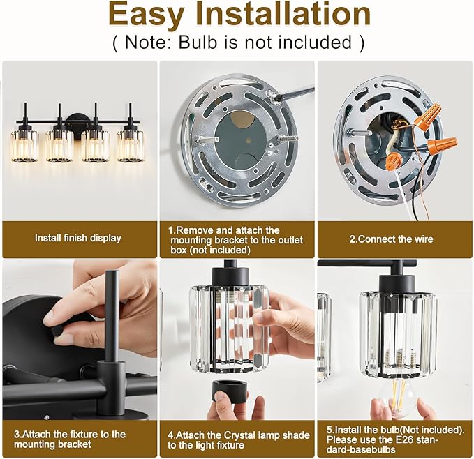 EJIAXIN 4 Light Round Crystal Vanity Lights, Modern Black Crystal Wall Light Bath Mirror Light Fixture Over Mirror Bathroom Wall Sconces for Bathroom Living Room