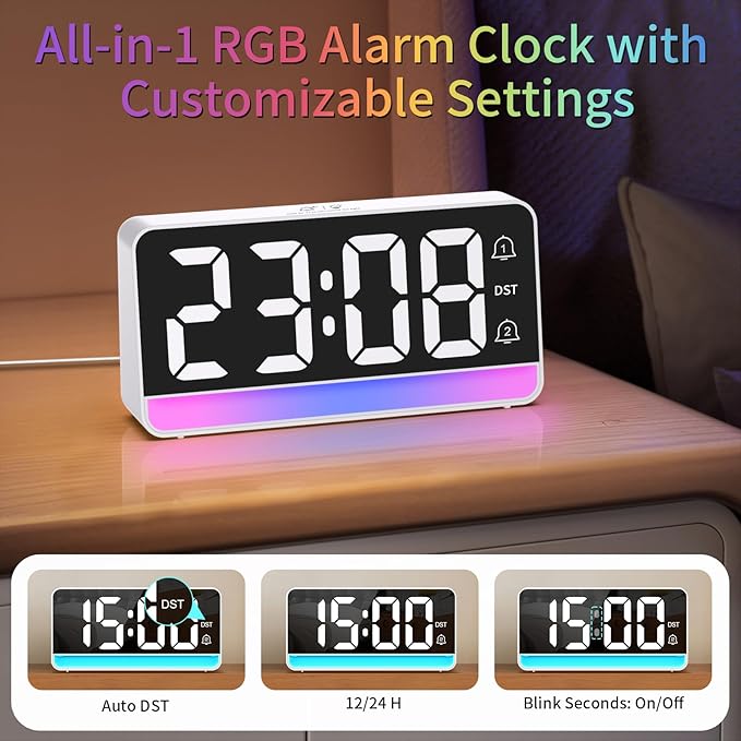 Alarm Clocks for Bedrooms, Digital Bedside Clock with RGB Night Light, Adjustable Volume for Heavy Sleepers, USB Charger, Large Display, Modern Decor for Desk, Dimmable Alarm Clock for Kids(White)