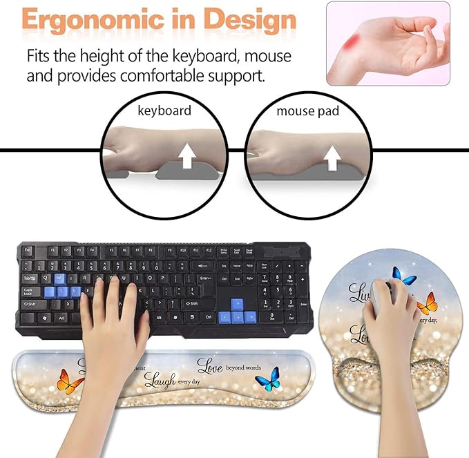 Keyboard Wrist Rest + Mouse Pad Wrist Support Set with Coasters, Non-Slip PU Base Ergonomic Mousepad for Home Office Working Studying Easy Typing & Pain Relief, Glitter Quote Live Laugh Love