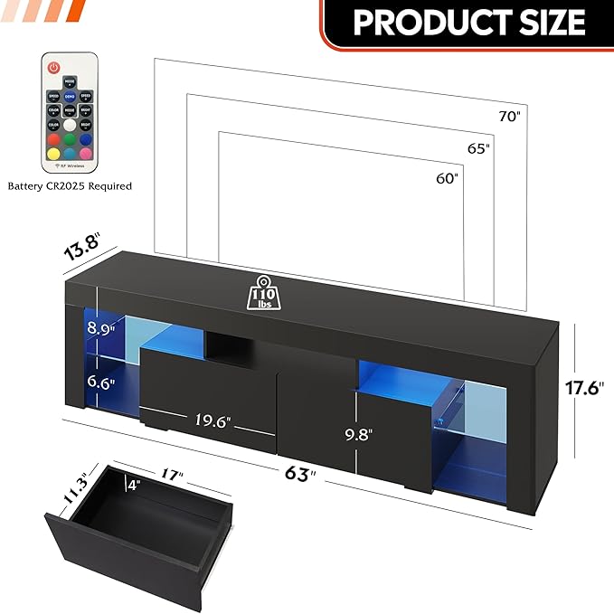 WLIVE 63 inch TV Stand for 50 55 60 65 70 75 Inch TVs, Modern Entertainment Center with LED Lights & 2 Large Storage Drawers, TV Console Gaming Media Television Stands for Living Room, Bedroom(Black)