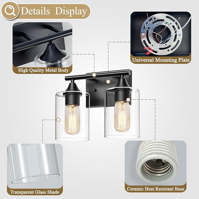 XPEHK Vanity Lighting Fixtures,2-Light Bathroom Lights Over Mirror,Modern Sconces Wall Lighting with Clear Glass Shade,Light Fixture for Bathroom Bedroom Living Room Vanity Table Hallway