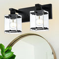 WINSHEN Black 2-Light Wall Sconce Bathroom Light Fixture, Rectangular Clear Glass Vanity Lighting Over Mirror, E26 Bulb Base