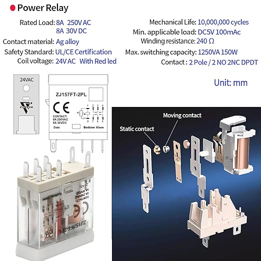 24V AC Relay Electromagnetic Relay 8 Amp 8Pin DPDT 2NO 2NC with Test Button, LED Light Module and Socket Base UL Certification (8 Pin- 5A, AC 24V)