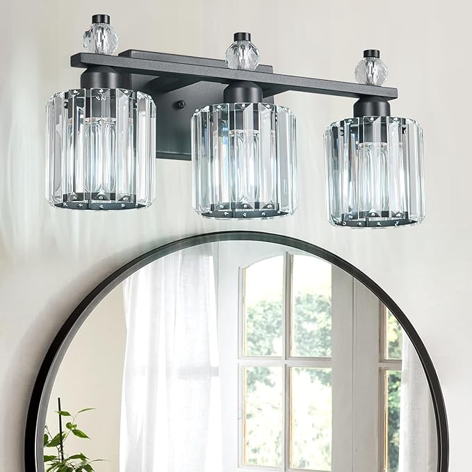 FDPBY Bathroom Vanity Lights 3-Light Sand Black Modern Crystal Vanity Light Fixtures Over Mirror Crystal Bathroom Vanity Lighting Fixtures