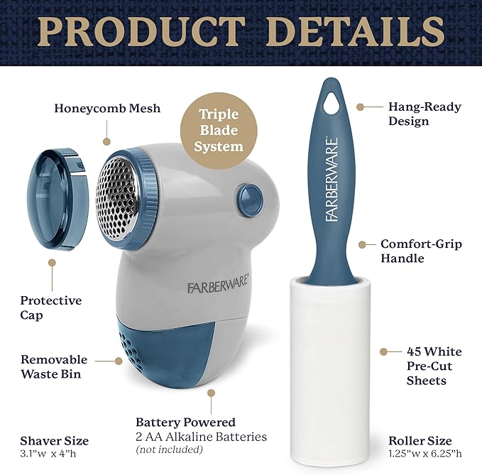 Farberware Fabric Shaver & Lint Remover Set – Battery Operated Sweater Shaver with Triple Blades and Extra Sticky Roller for Pet Hair, Fuzz & Pilling on Clothes, Upholstery & Bedding