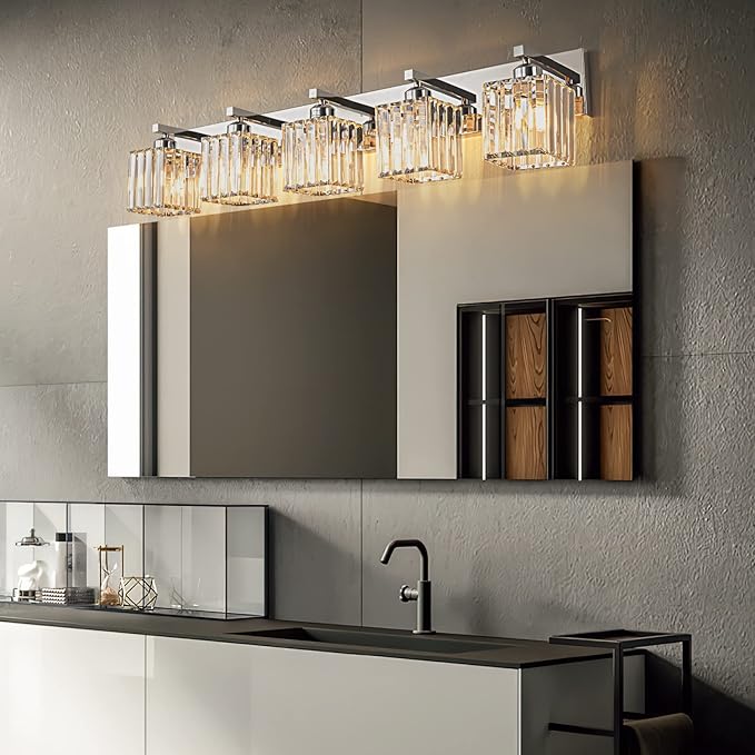 FDPBY Modern Vanity Light 5-Lights Chrome Crystal Bathroom Wall Light Fixtures