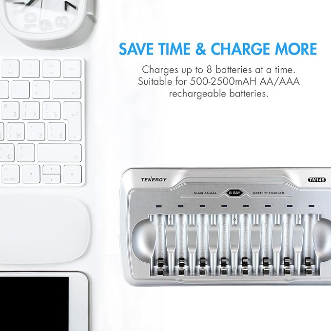 Tenergy TN145 8 Bay Charger and 8 Pack Rechargeable AA Batteries, Independent Charging, UL & CE Certified