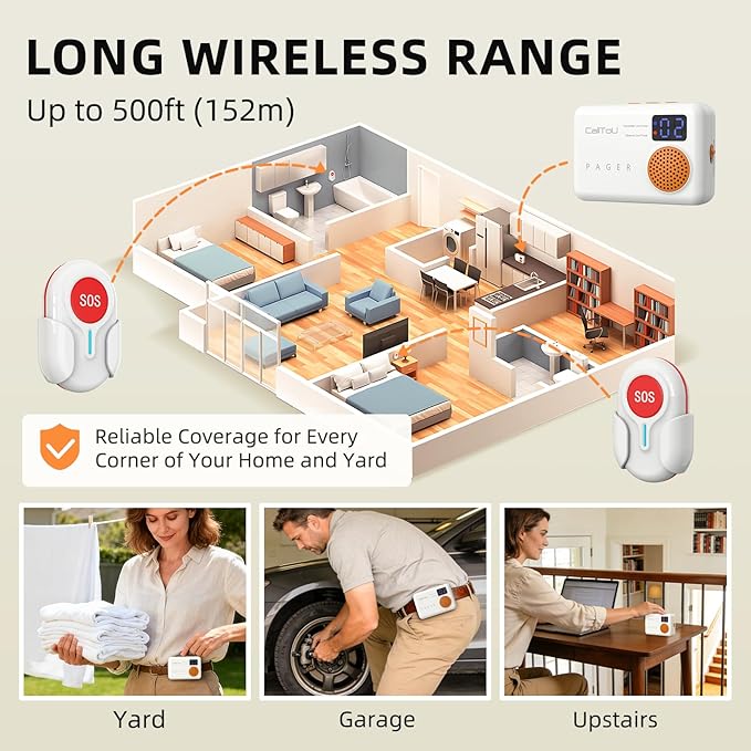 CallToU Caregiver Pager - Wireless Call Button for Elderly at Home, Portable Nurse Alert System with Vibration & Sound Alerts for Seniors and Disabled (3 Call Buttons + 2 Receivers)