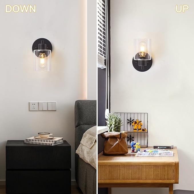 SOPEAS Wall Sconces for Bathroom, Modern Vanity Light Fixtures, Black Wall Mount Lighting Lanterns, Farmhouse Wall Lights with Clear Glass Shade for Bedroom Living Room Mirror Hallway Kitchen（2PACK）