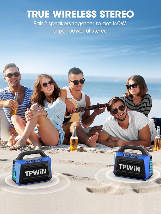 TPWIN Portable Bluetooth Speakers Loud - Wireless Speaker 80W Peak, Light Show, 20H Playtime, Strong Bass, BT 5.3, TWS, IPX6 Waterproof for Outdoor Travel Beach Camping - Blue