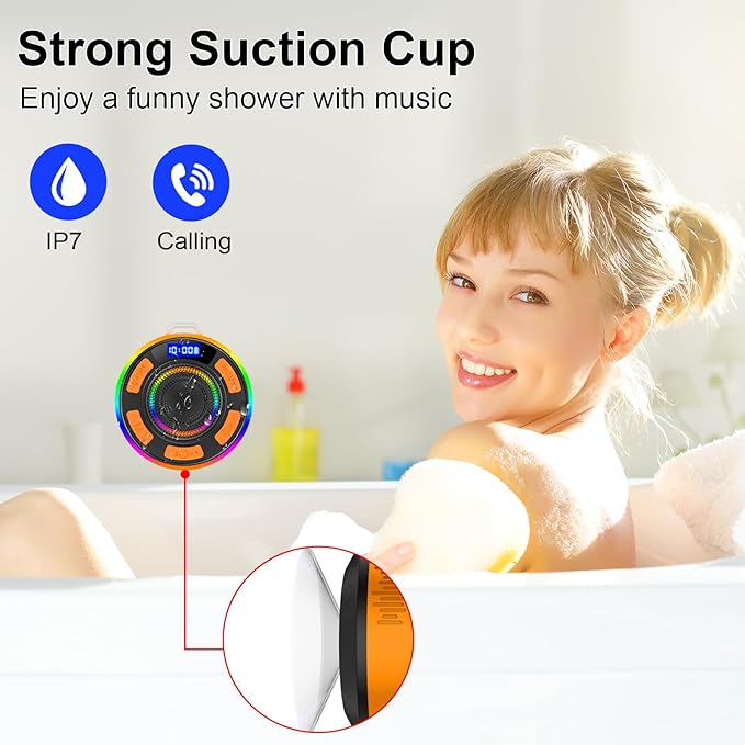 Shower Bluetooth Speaker IPX7 Waterproof, Portable Bluetooth Speakers with Suction Cup and Time Display, Crystal Sound&Bass LED Light 1100mAh, Wireless Shower Speaker for Outdoor/Kayak/Gifts Orange