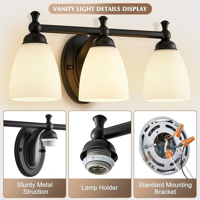 EJIAXIN Vanity Lights for Bathroom, 3-Light Modern Vanity Light Over Mirror Black Bathroom Light Fixture Bedroom Wall Sconces Lighting for Living Room Cabinet