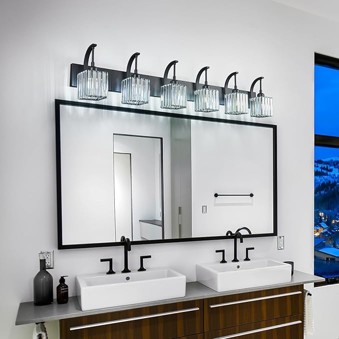 FDPBY Crystal Vanity Lights 6-Light Black Bathroom Vanity Lights Modern Crystal Bathroom Light Fixtures Over Mirror 51.18" Long Vanity Light for Bathroom