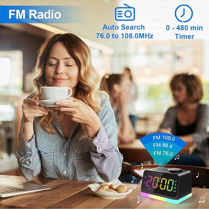 JALL Digital Alarm Clock with FM Radio for Bedroom, 8 Colors Night Light with Charging Port, Sleep Sound Machines with Timer, Dual Alarm (Black with RGB Font)