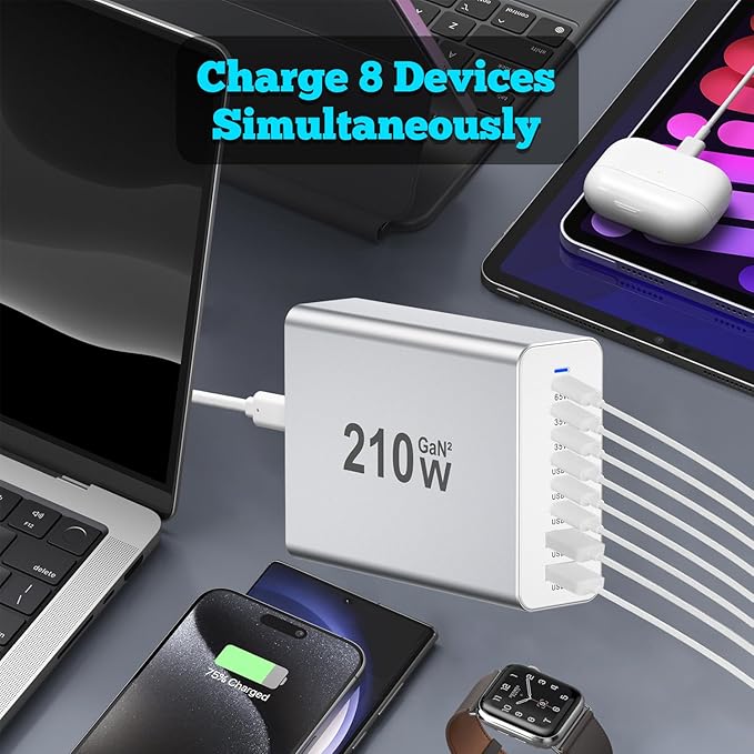USB C Charger Block 200W, GaN 8-Port USB-C PD Fast Charging Station Desktop Hub, PD65W Laptop Charge Adapter Compatible with MacBook Pro/Air/DELL/Steam Deck/iPhone 16/15/Galaxy S22/S23
