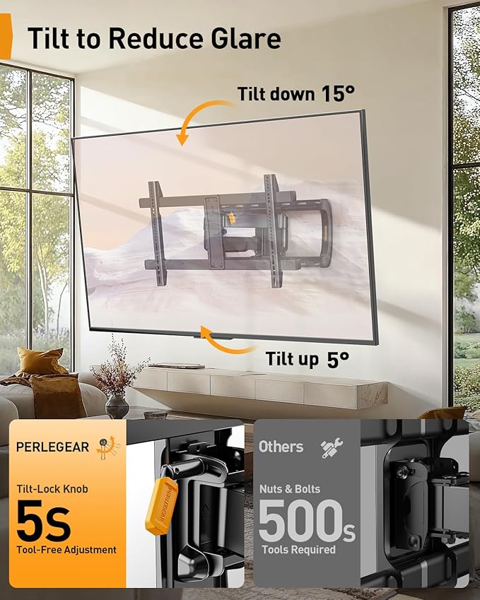 Perlegear Full Motion Sliding TV Wall Mount for 42-95 inch TVs up to 150 lbs with Cable Management, Fits 12″/16″/24″ Wood Studs, Swivel TV Mount Bracket, Tool-Free Tilt, Max VESA 600x400mm PGTVM41B
