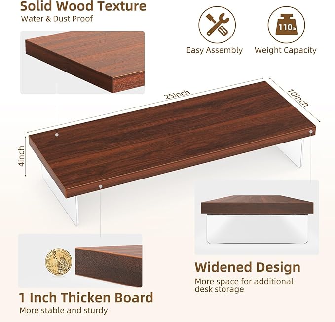 SSWOOD Monitor Stand Riser, Wood & Acrylic Computer Monitor Stand Desk Desktop Organizer Table For Home, Office Workspace, Laptop Riser, Printer, PC & TV Screen Riser