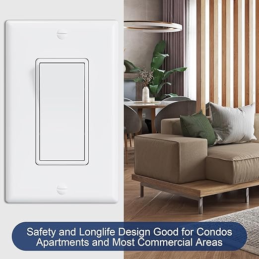 ThunderWay 3 Way Decorator Light Switch with Wall Plates, 15A 120/277V Decora Three Way Electrical Wall Paddle Rocker Switches Replacement, Residential Grade, UL Listed, Glossy White(10 Pack)