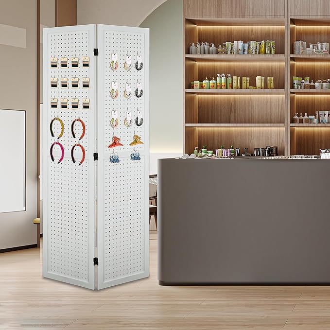 ECOMEX 6 Panel Room Divider, 5.6Ft Pegboard Display Wooden Room Divider Folding Privacy Screen Room Divider Freestanding Peg Board Display for Trade Show Craft Show Home Wall Organizer, Elegant White