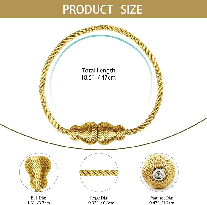 Nieffeiy Magnetic Curtain Tiebacks Outdoor Curtain Tie Backs Rope Decorative Magnetic Curtain Holders for Drapes Window Treatment Holdbacks, Gold 6Pack