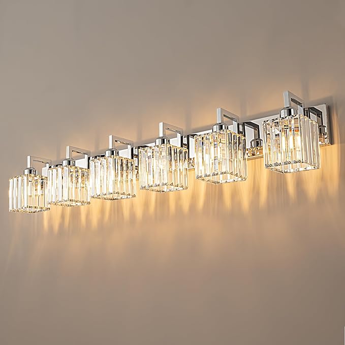 FDPBY Modern Bathroom Vanity Light 6-Lights Chrome Crystal Wall Lamp Bathroom Modern Crystal Vanity Lighting