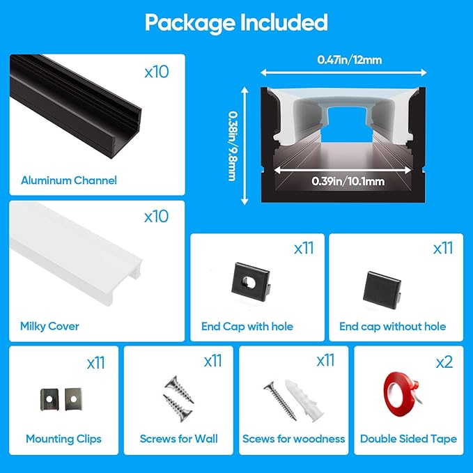 Besseto 10 Pack 1M/3.3Ft LED Aluminum Channel for Wall Panel,Wood Slat Wall Panel LED Strip Light Aluminum Channel Profile for Living Room Bedroom Bathroom Stairs (Black-10Pack 3.3Ft)