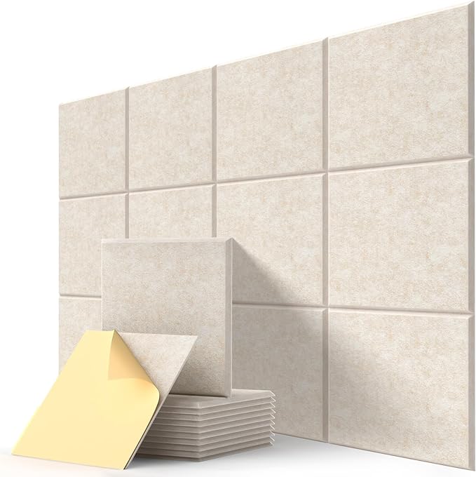 Square Acoustic Wall Panels, Sound Absorbing Panels for Walls, Ceiling, Doors, 12 Pack 12"x12"x0.4" Self Adhesive Decorative Beige Acoustic Tiles for Recording Studio, Office, Room, Home