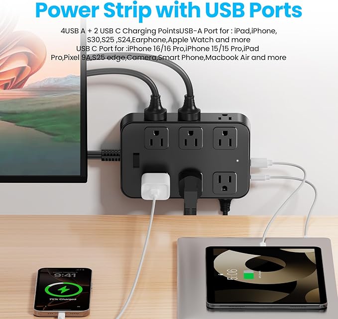 Solidock Flat Plug Power Strip Surge Protector with 12 AC Outlets 6 USB Ports 3 Side Multi Plug Outlet Extender 15 Ft Extension Cord for Home Office Kitchen Dorm Wall Desk Charging Station ETL Listed