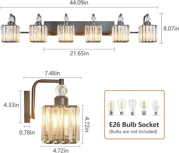 BBLLWJ 6 Light Bathroom Vanity Light Modern Black Vanity Light Fixtures Bathroom Light Fixtures Over Mirror Crystal Vanity Lighting Fixtures
